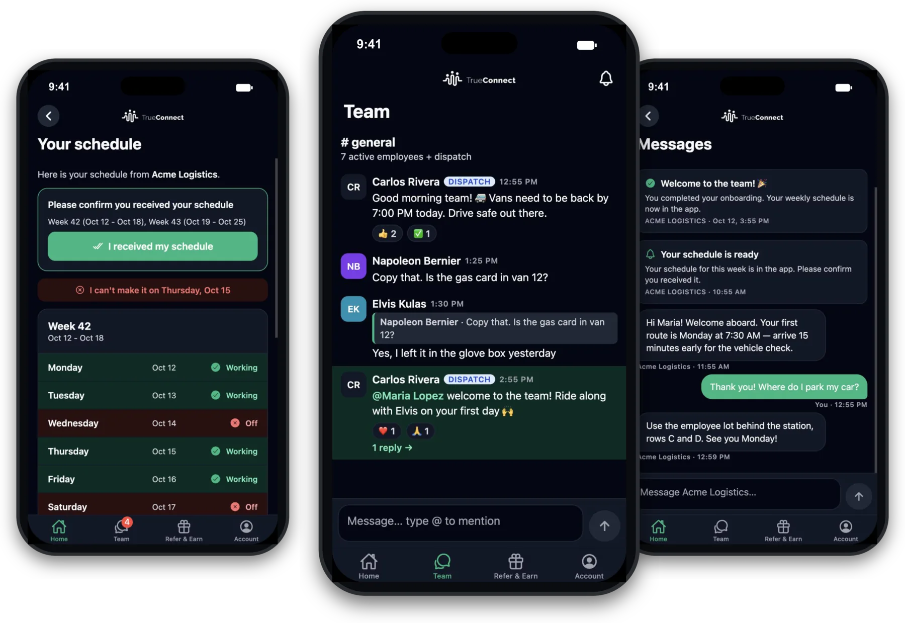 The TrueConnect app shown on three iPhones — Schedule, Team and Messages