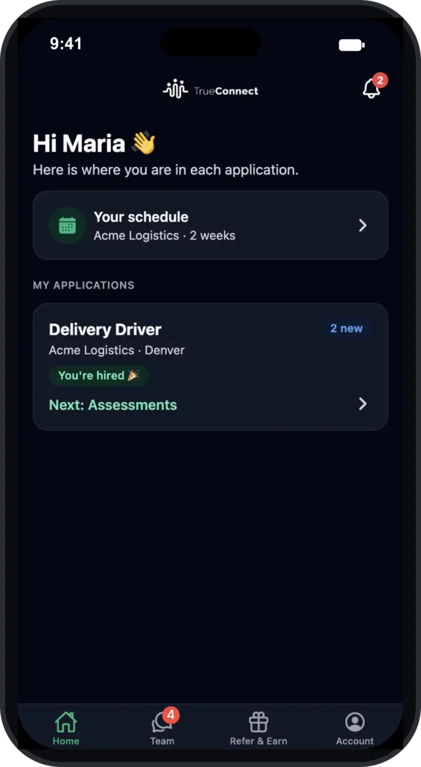 TrueConnect app home with applications and your schedule