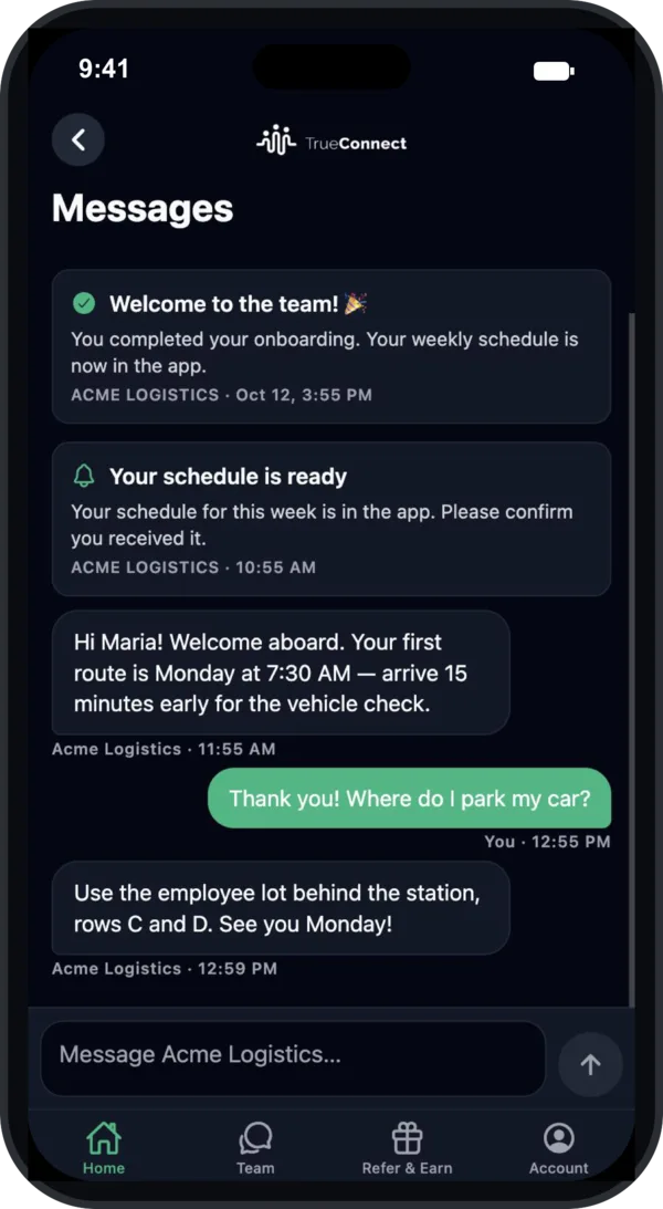 TrueConnect app two-way messages with the company