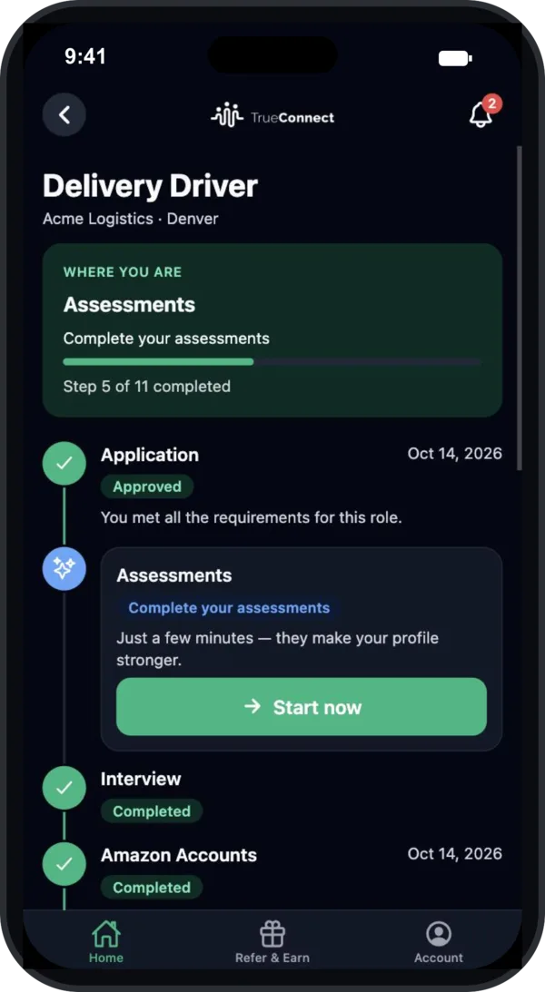 TrueConnect app hiring timeline, step by step