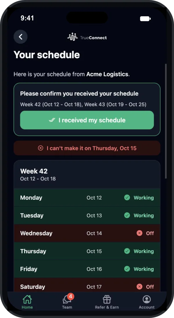 TrueConnect app weekly schedule with confirm and can't-make-it options