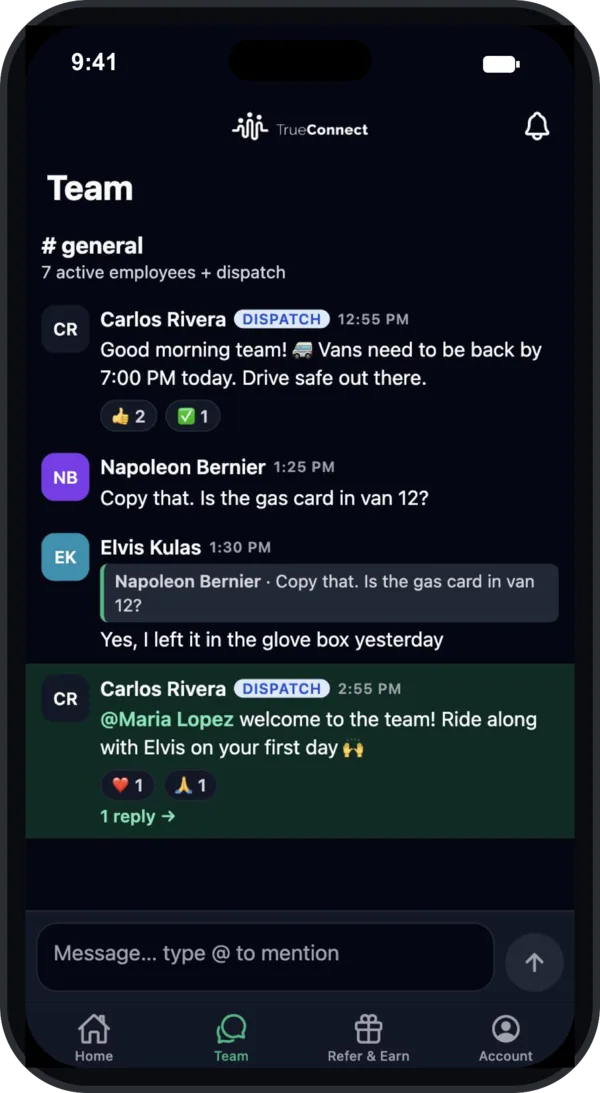 TrueConnect app Team chat for dispatch and employees